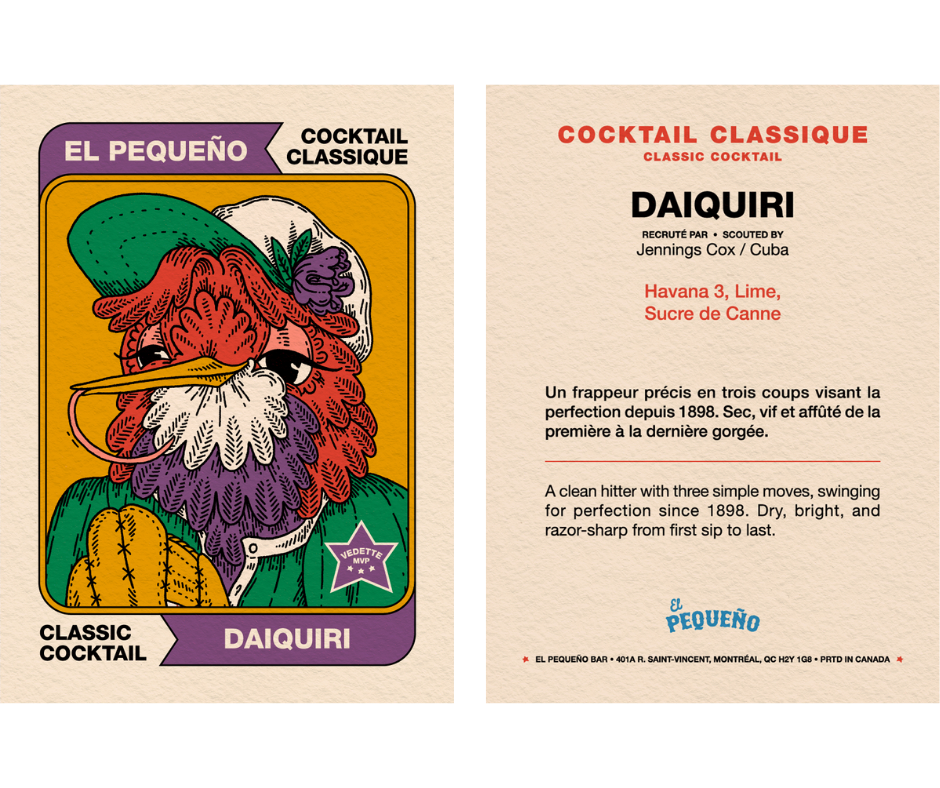 A colorful illustrated cocktail recipe card for a Daiquiri. The left side features a cartoon bird with a green hat, red and purple feathers, and a white beak, holding a lemon twist. The right side contains the recipe written in English and French, describing the Daiquiri as a classic cocktail with Havana 3, lime, and cane sugar.