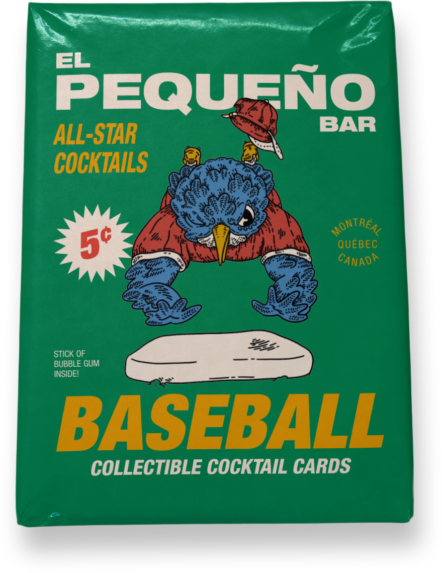 Green pack of collectible cocktail cards titled 'El Pequeño Bar' with a cartoon blue bird wearing a red jacket and a baseball cap, and a white baseball in the foreground.