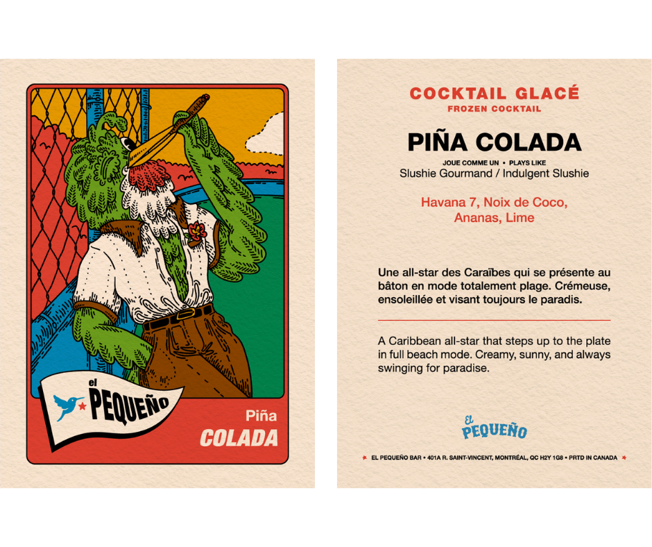 A colorful illustration of a green creature with a beard, wearing a white shirt and brown pants, holding a pineapple drink with a pink flower. The background features a sunset and a chain-link fence.