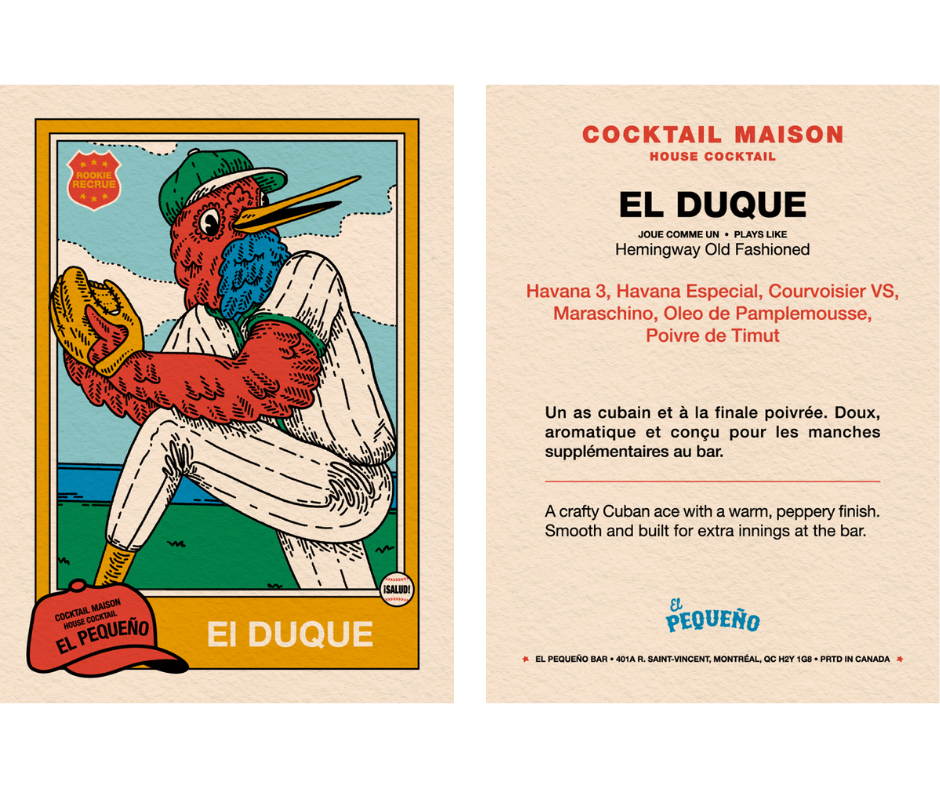 A colorful illustrated poster of a bird with a red head, blue face, and yellow beak, sitting in a baseball glove and wearing a green cap and white baseball uniform, promoting a cocktail named "El Duque" at El Pequeno bar.