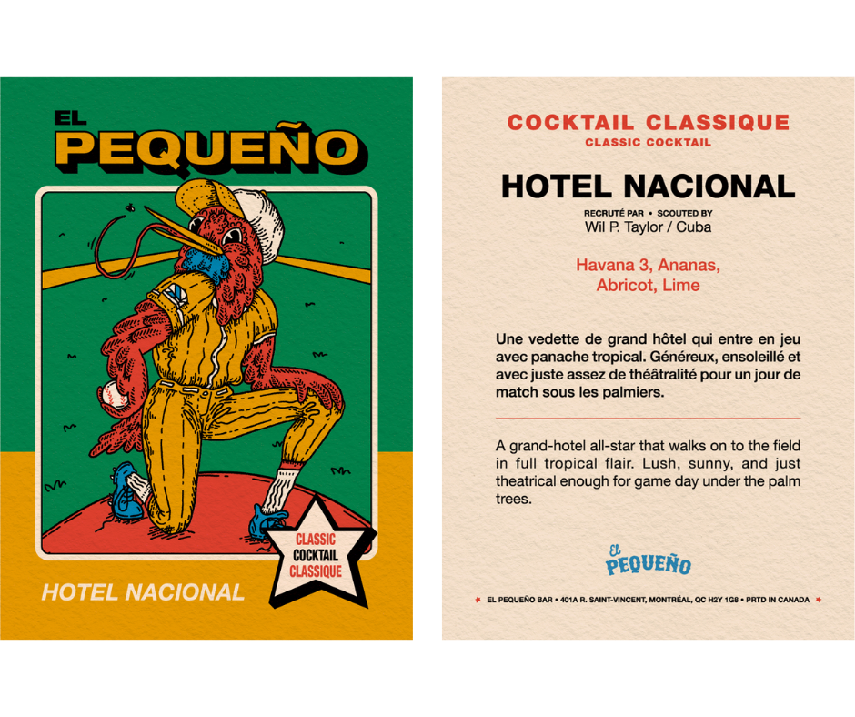 A promotional flyer for El Pequeño Hotel Nacional featuring a vintage illustration of a rooster in sports gear, with cocktail details on the right side in both French and English.