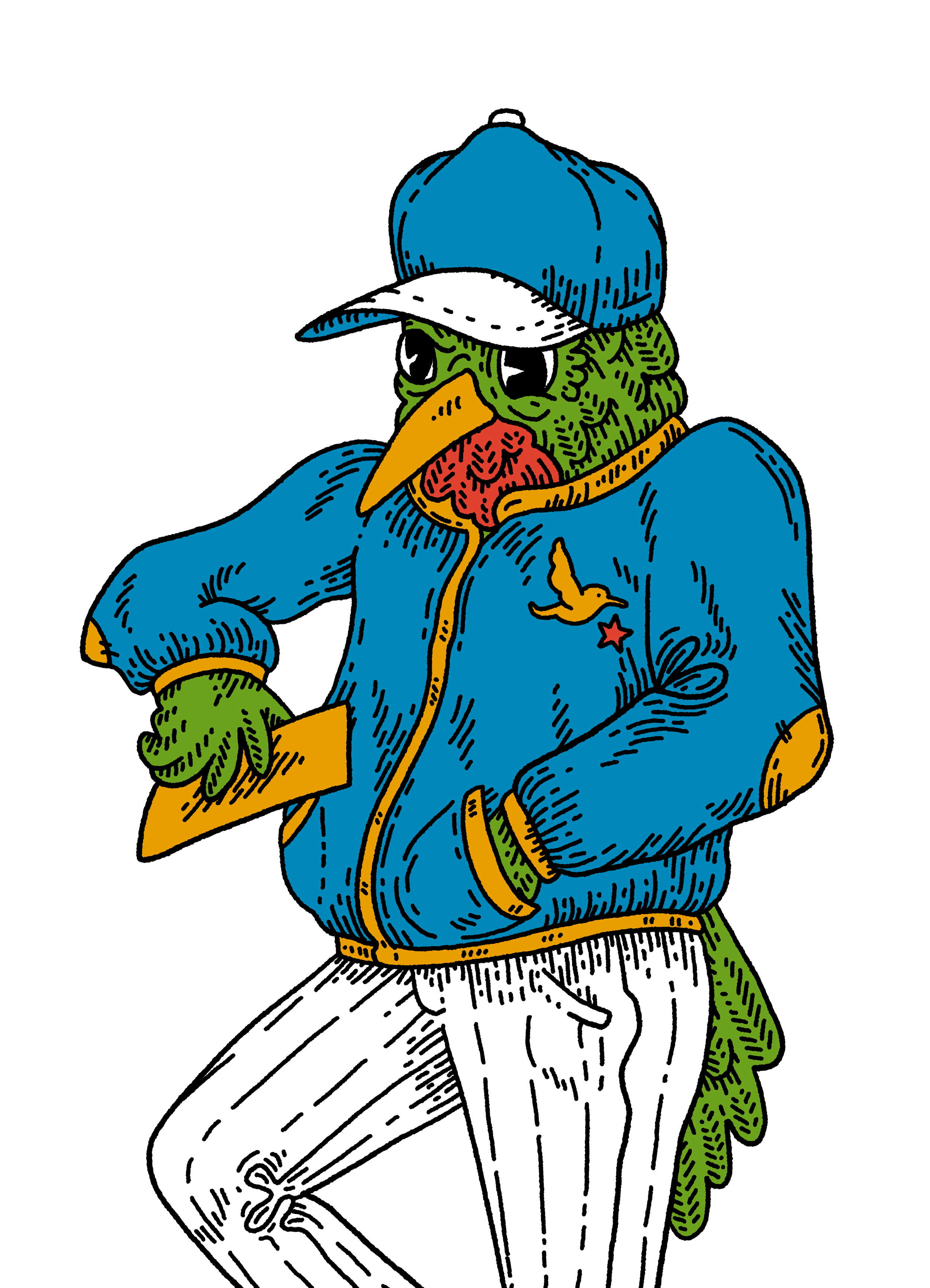 Cartoon illustration of a green bird with a large beak and big eyes, dressed in a blue zip-up hoodie with a bird and star patch, white pants, and a blue cap with a white front panel, standing with one hand on its hip against a black background.