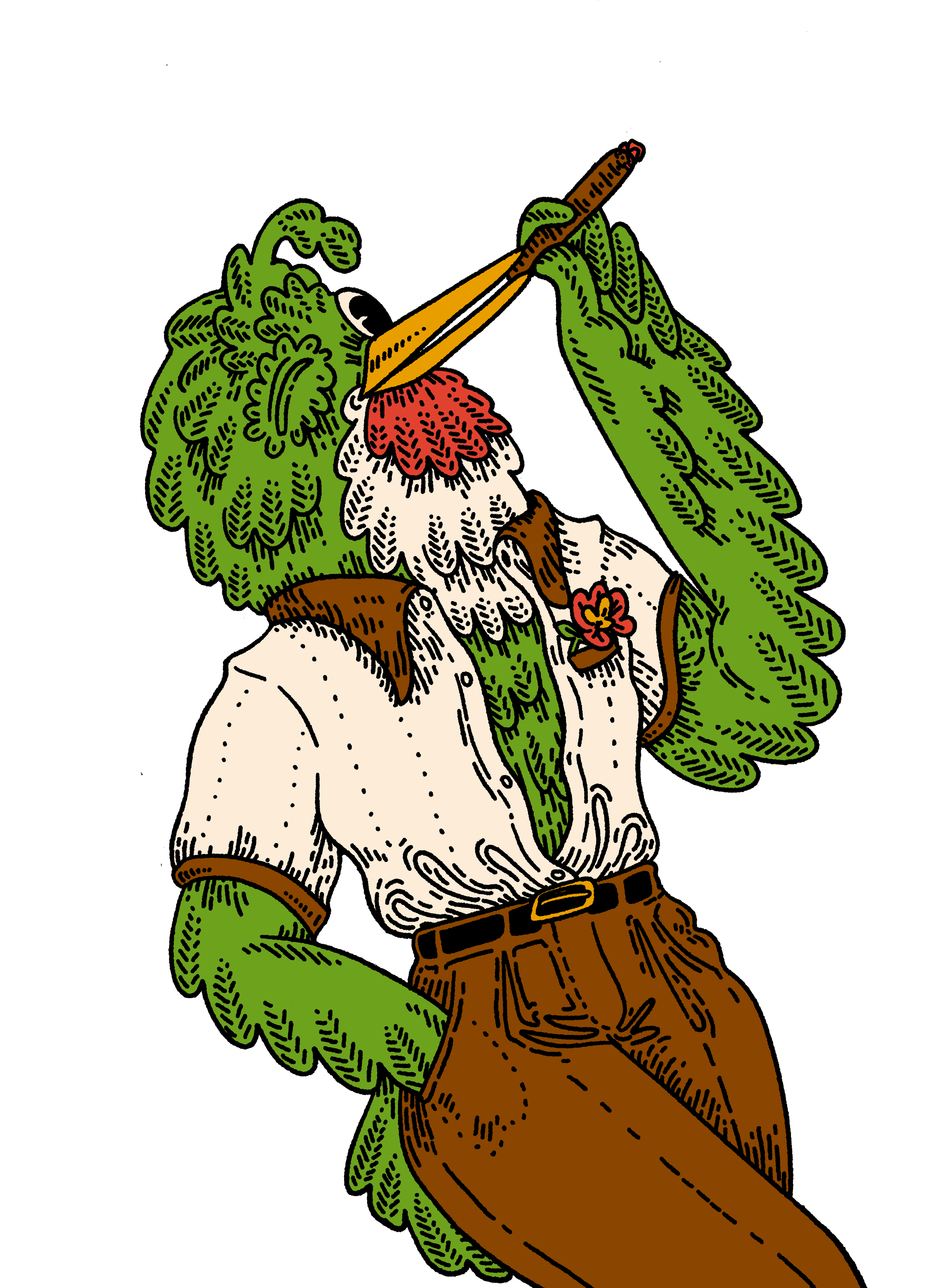 Illustration of a bird with a human body, dressed in a shirt and brown pants, with leafy green arms and a leafy green face, holding an orange carrot to its face, set against a black background.