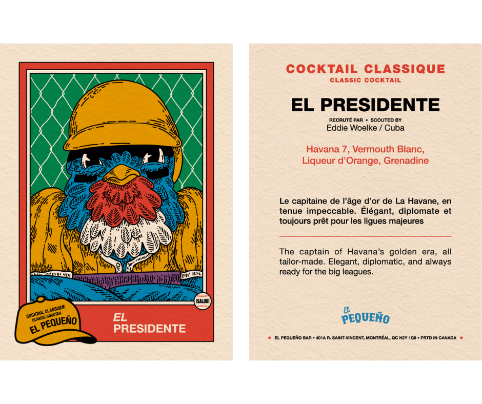 Illustration of a colorful bird wearing a yellow hard hat and a brown jacket, with a green and white diamond pattern background, on a card labeled "El Presidente" for a classic cocktail menu.