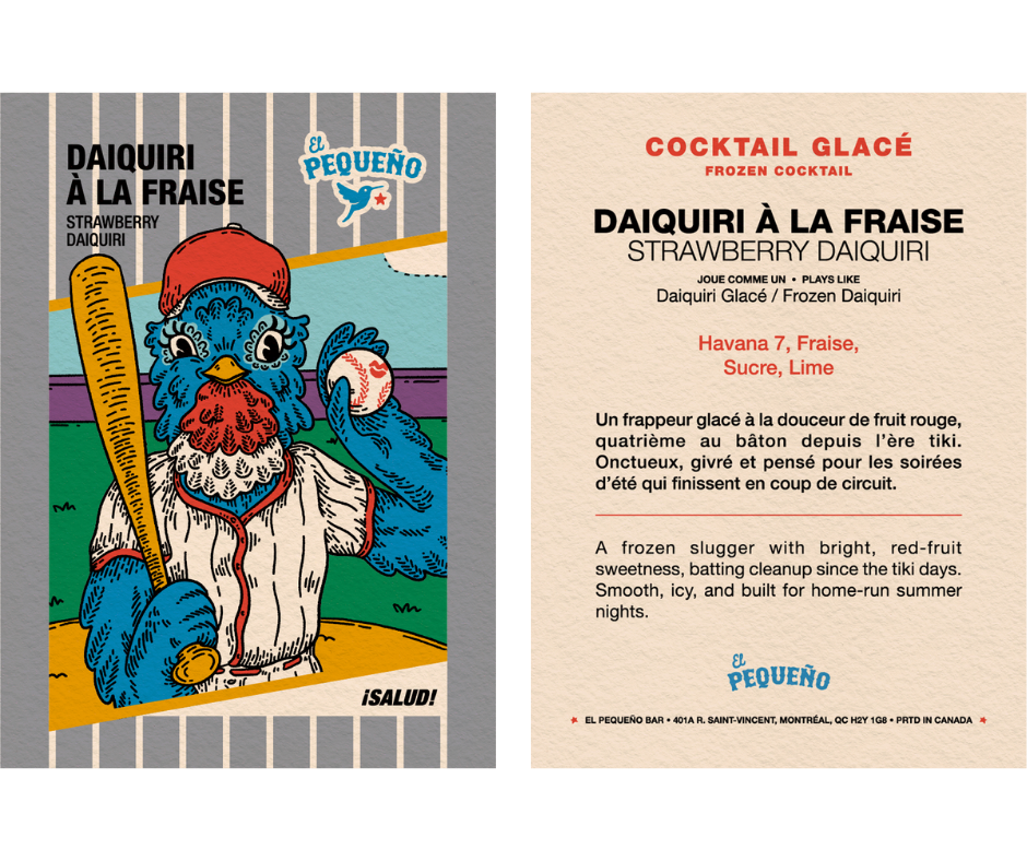 Illustration of a blue chicken wearing a red cap and baseball uniform, holding a baseball bat and ball on the left side. The right side displays a menu with text for a strawberry Daiquiri cocktail at El Pequeno Bar.