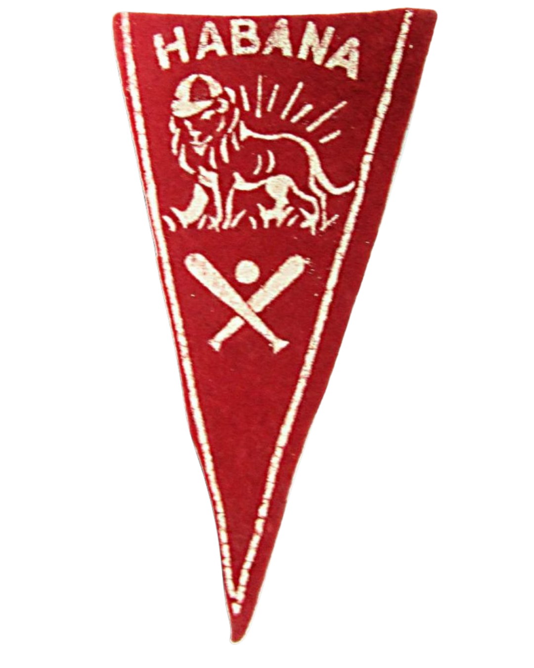 Red pennant with the word 'Habana' at the top, a lion, and two crossed baseball bats with a ball in between at the bottom.