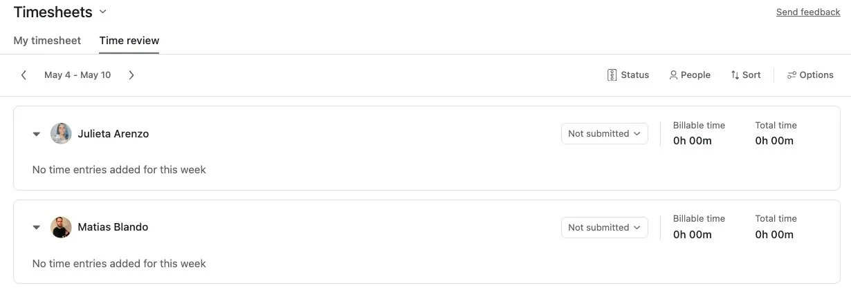 Timesheet view for time reviewer in Asana project