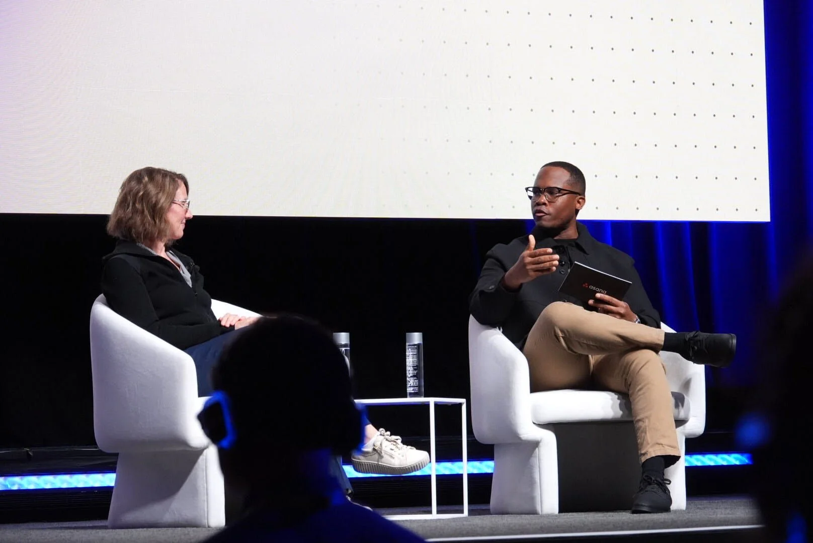 Marquis Murray of Cirface talks with Liz Hopkins of RBC on the Yeti Stage at Asana’s Work Innovation Summit in New York