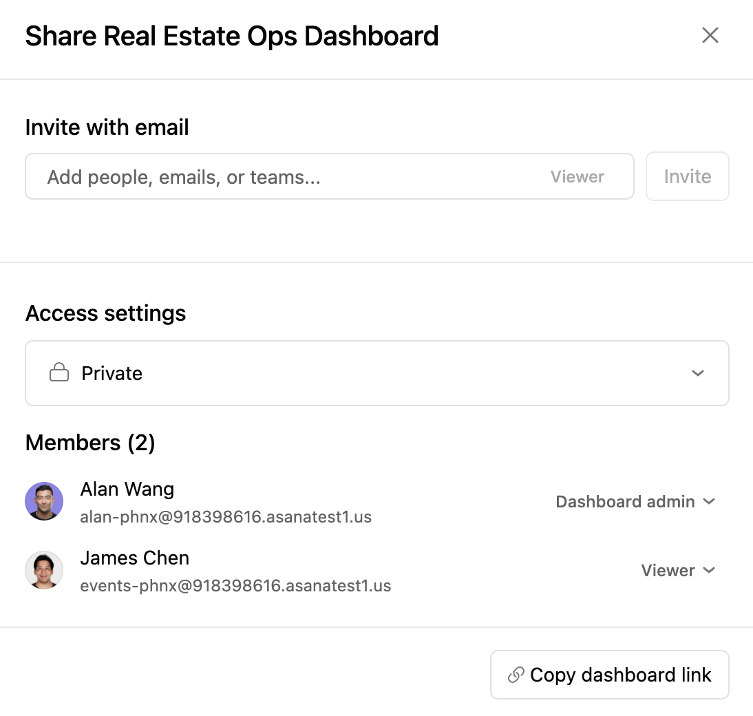 Asana dashboard share settings with teams, individuals and organization visibility options