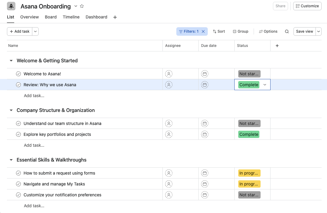 Asana onboarding project template
