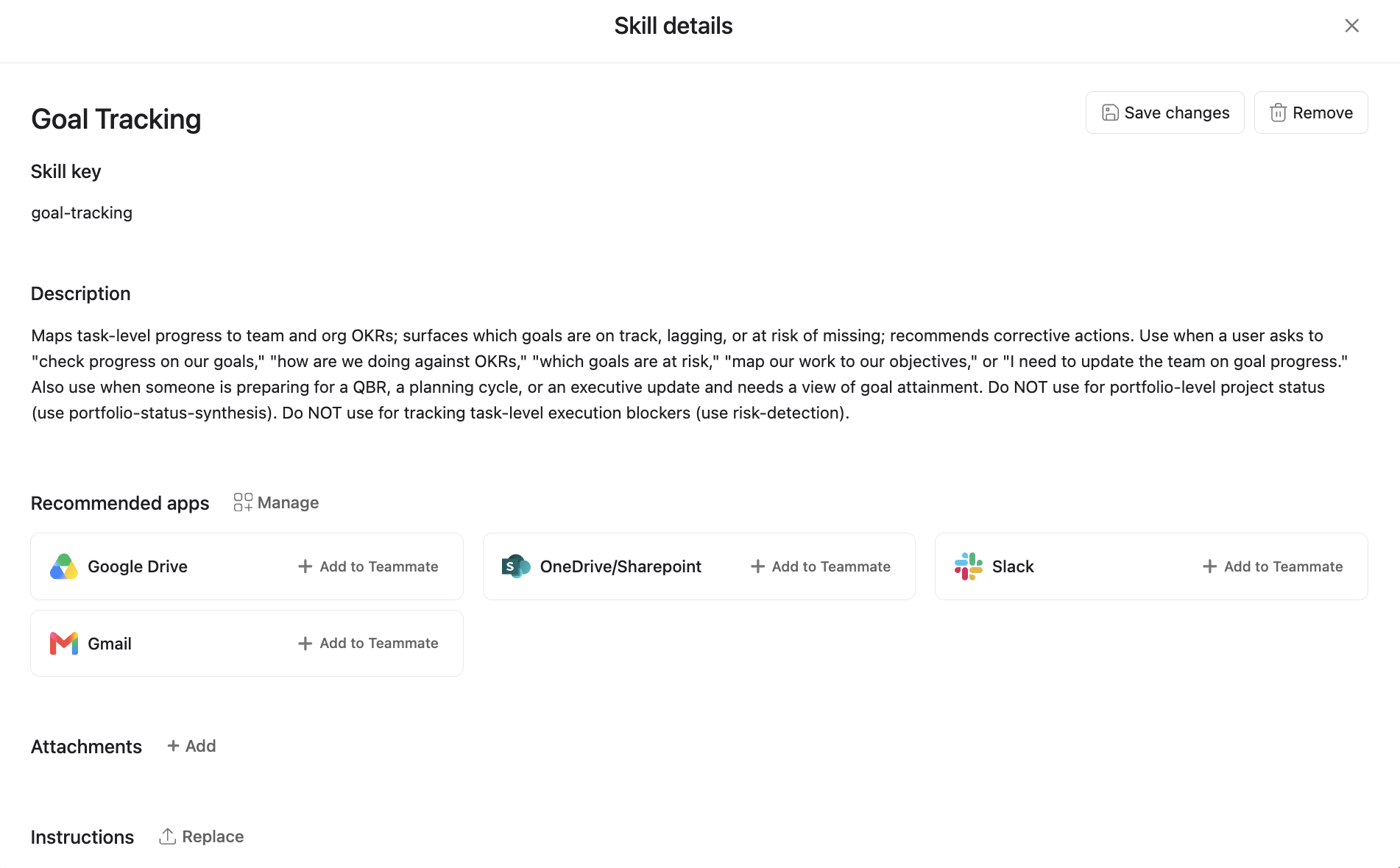 Goal Tracking skill details in Asana showing the description and recommended apps