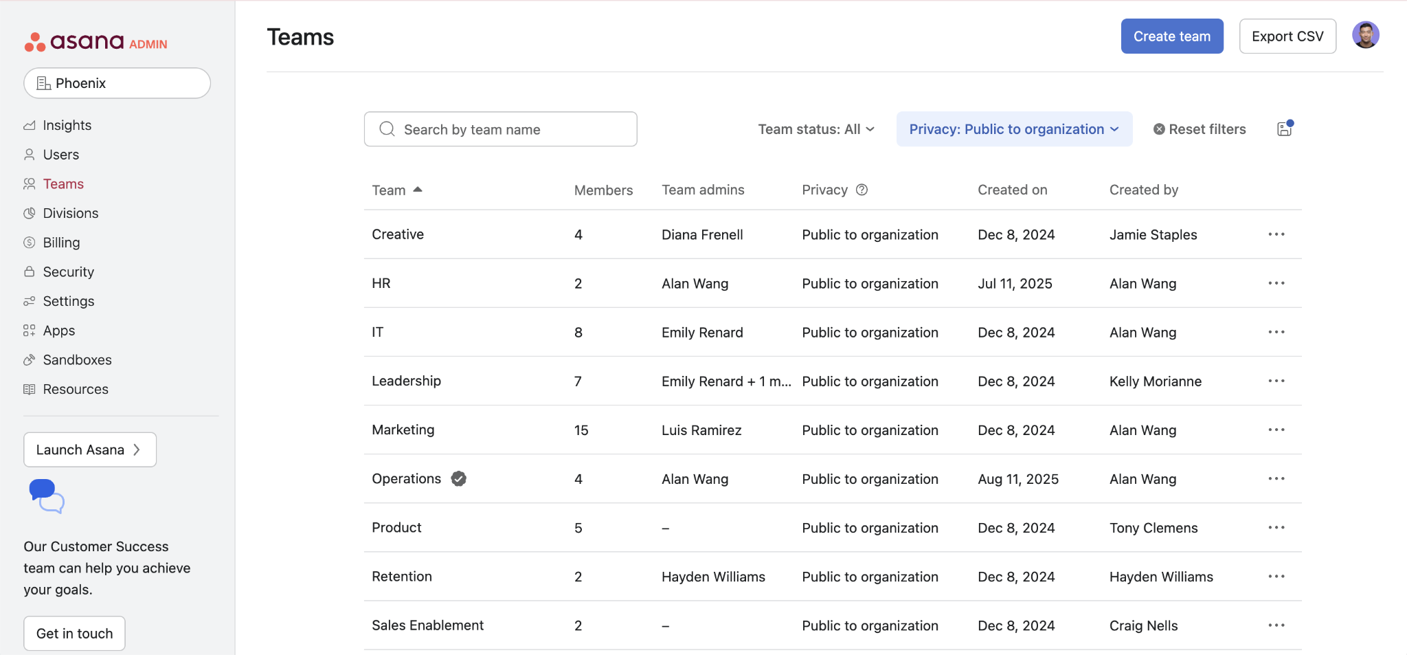 Teams Tab in Asana Admin Console