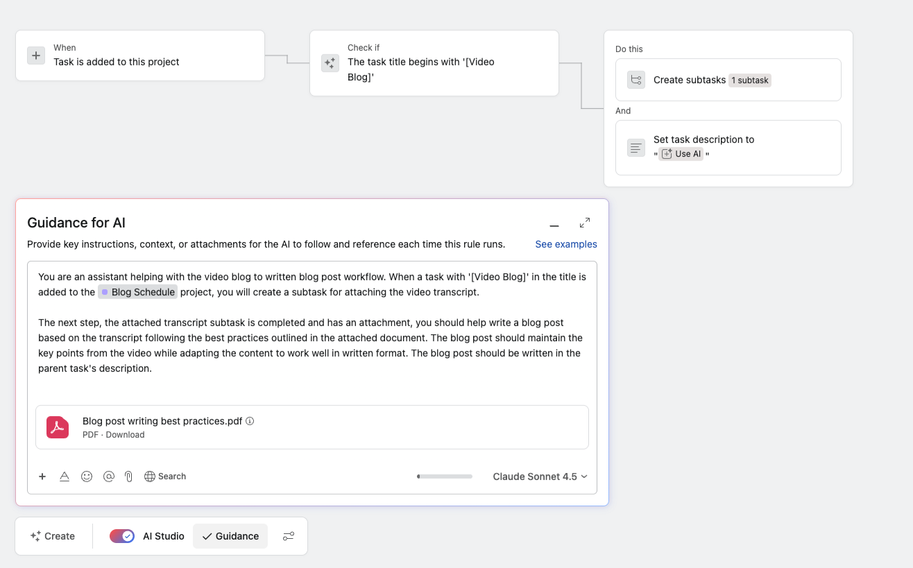 Cirface's AI Studio rule in Asana to create blog posts from video transcript (content repurposing)