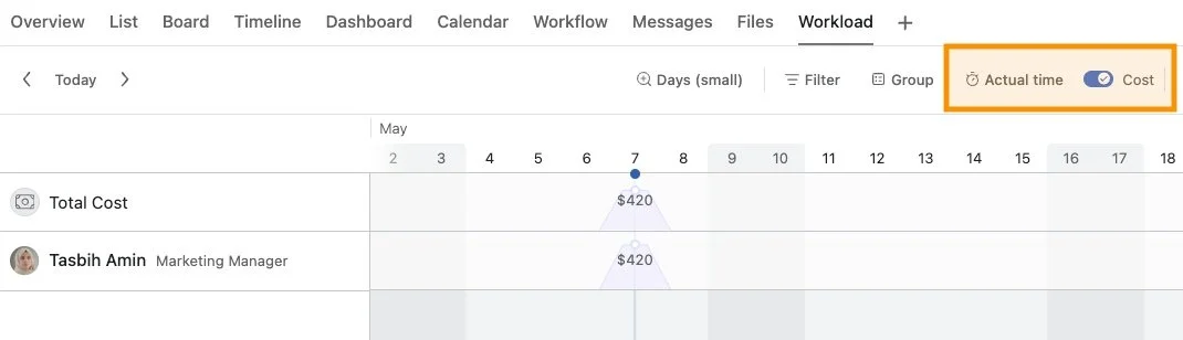 Cost Toggle in Asana workload view