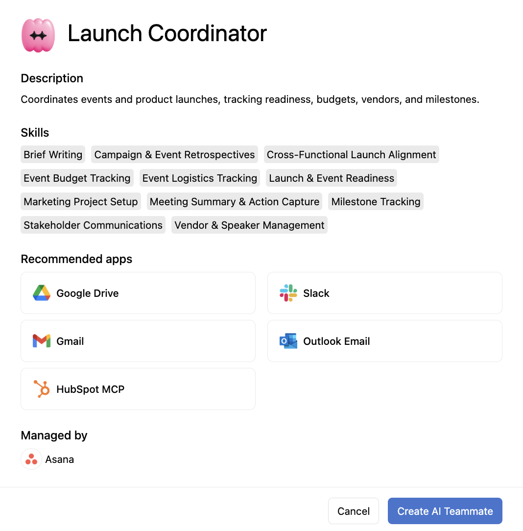 sana Launch Coordinator AI Teammate with its description, skills, and recommended apps including Google Drive, Slack, and Gmail.