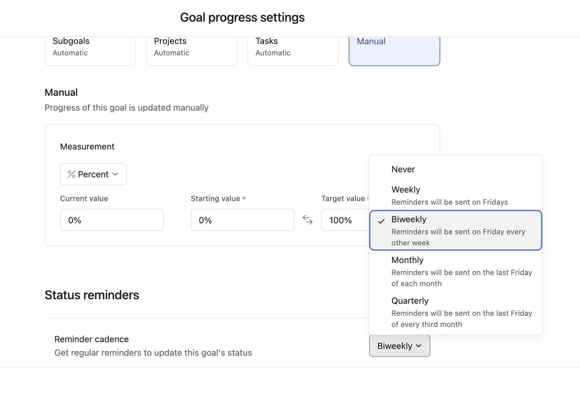 Status reminder cadence options on an Asana goal
