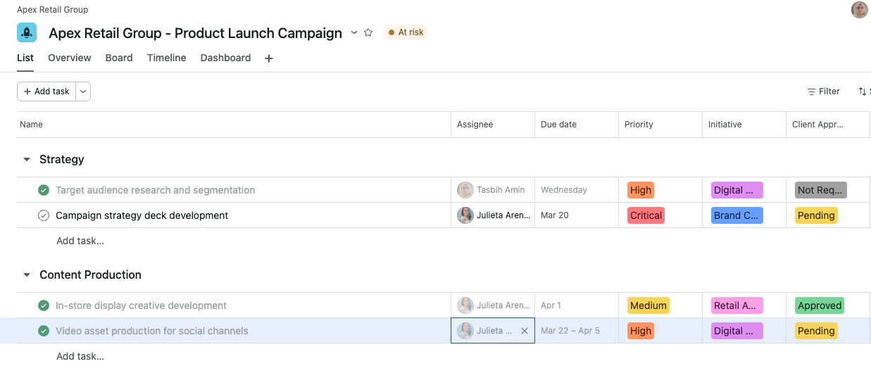 creating separate Asana projects for each client in a portfolio