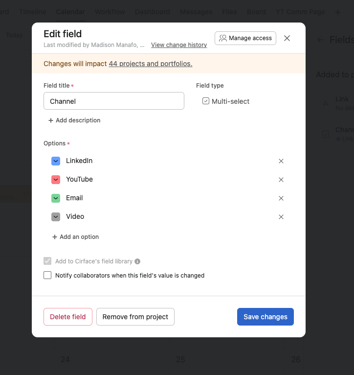 Asana Marketing Calendar Channel custom field