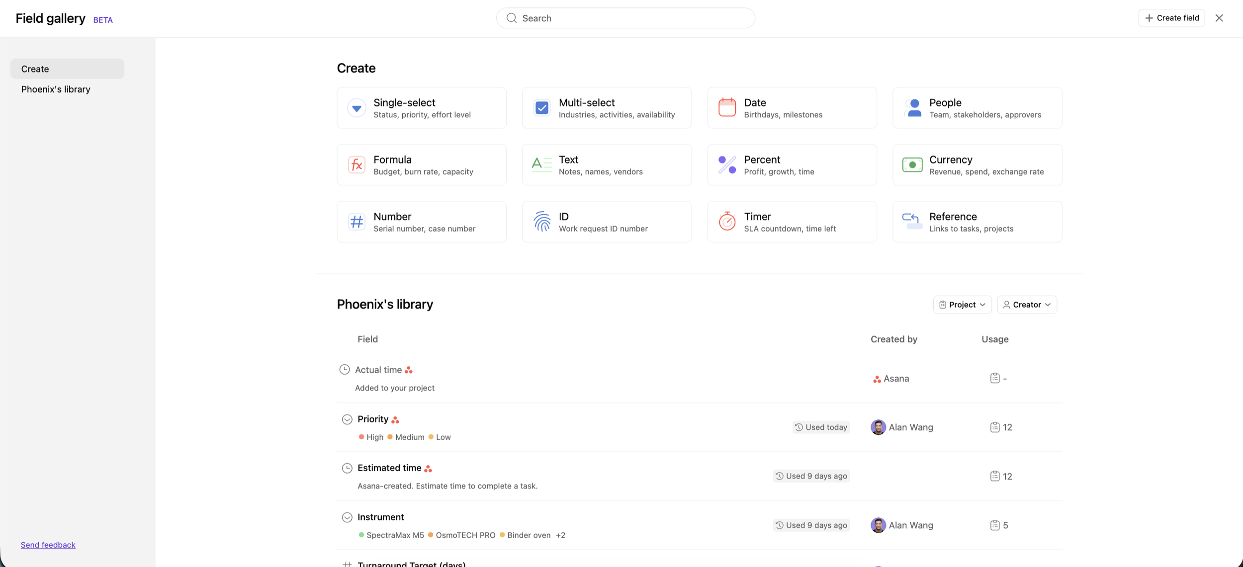 Asana custom field library showing shared fields used across multiple projects