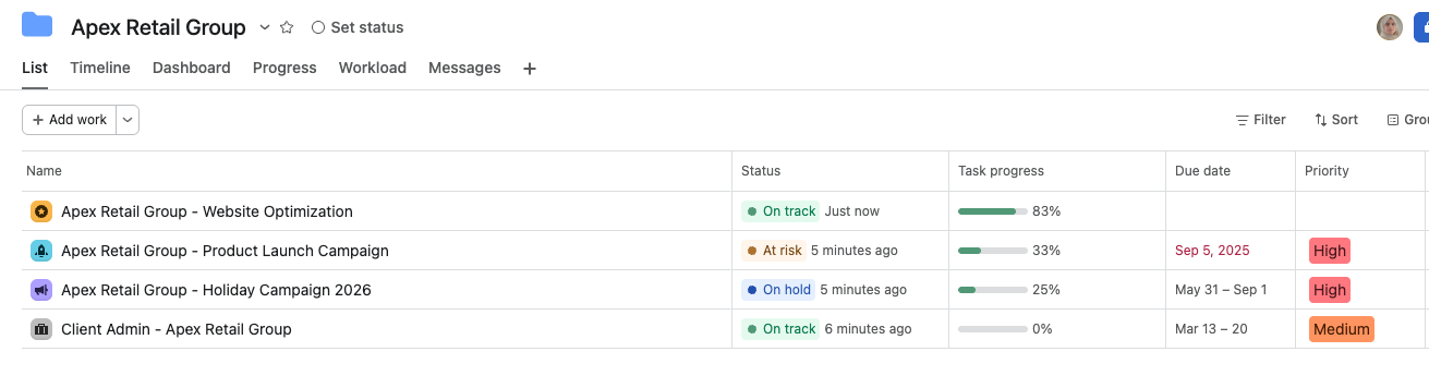 Asana portfolio housing multiple projects for one client