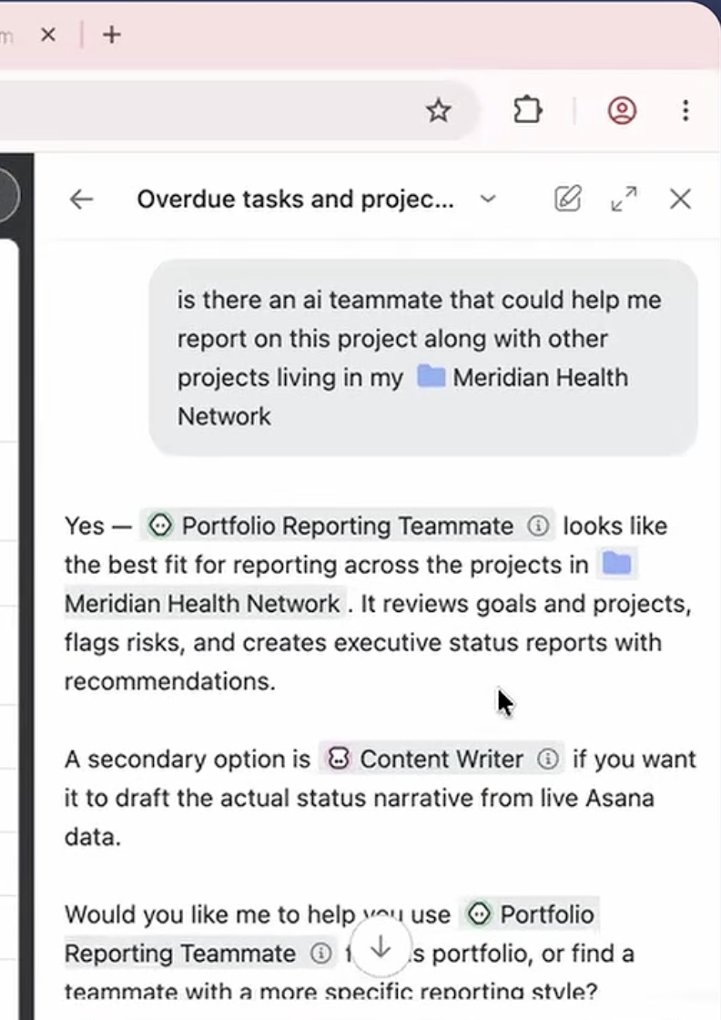 Asana Dash recommending Ai Teammates that could help report on a project, such as Portfolio Reporting Teammate