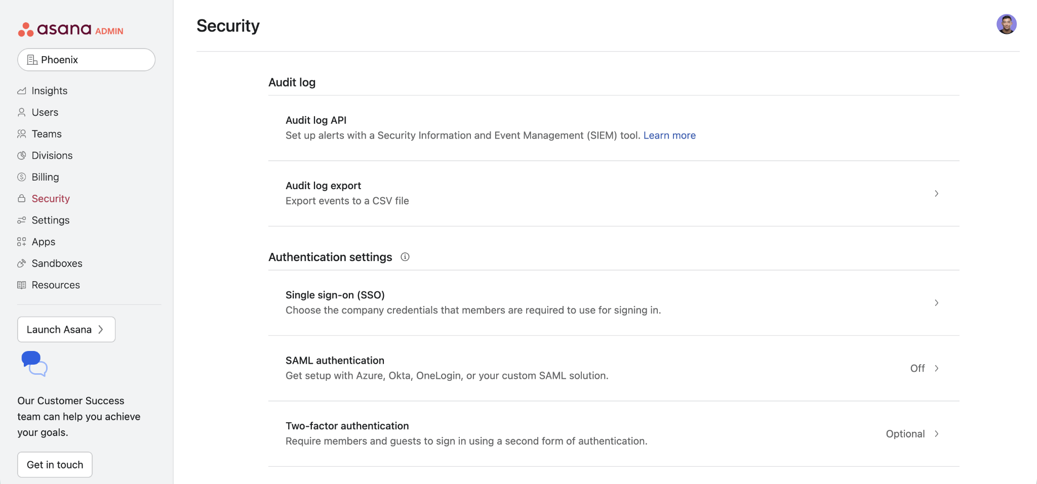Security option in Asana Admin Console