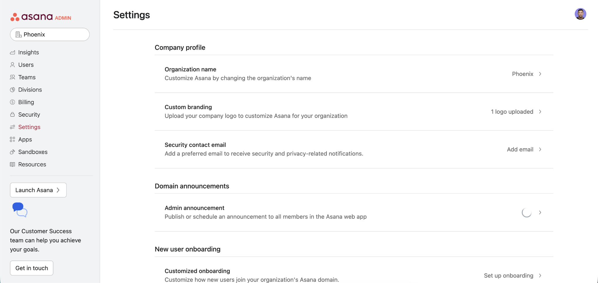 Settings Option in Asana Admin Console