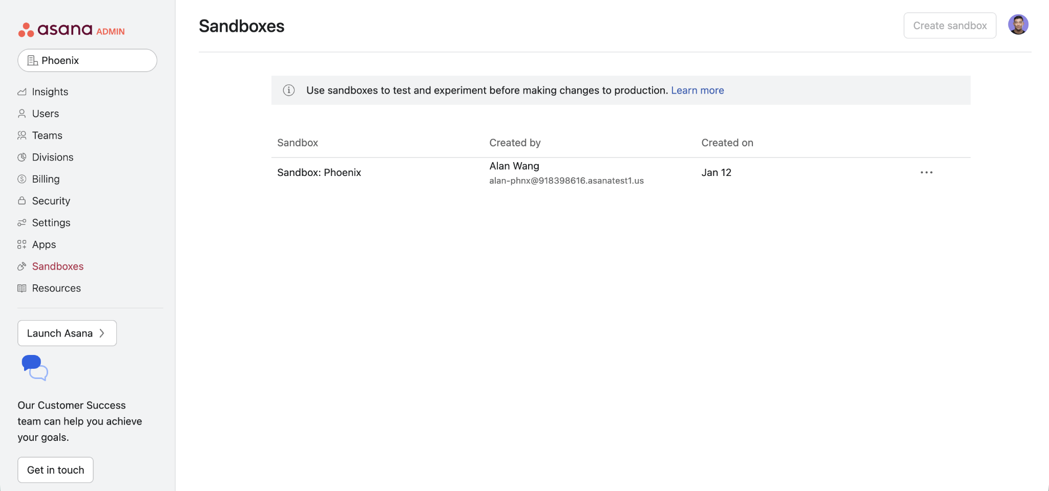 Asana Admin Console Sandbox Settings