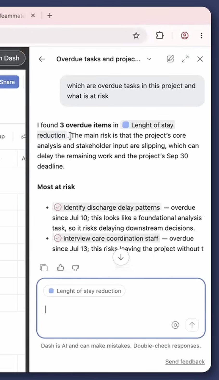 Asana Dash listing two overdue tasks and the main project risk