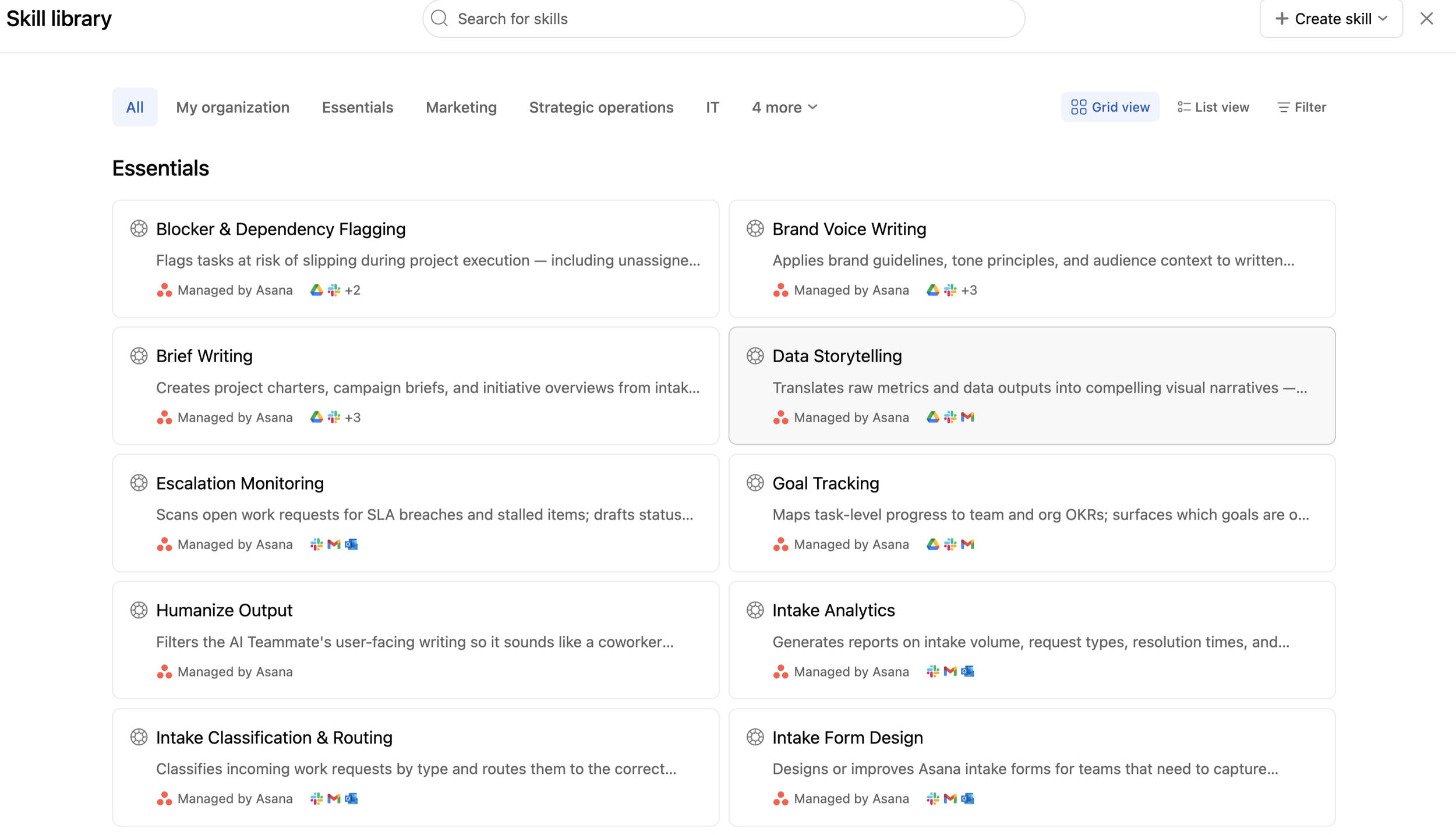 Skills attached to an Asana AI Teammate