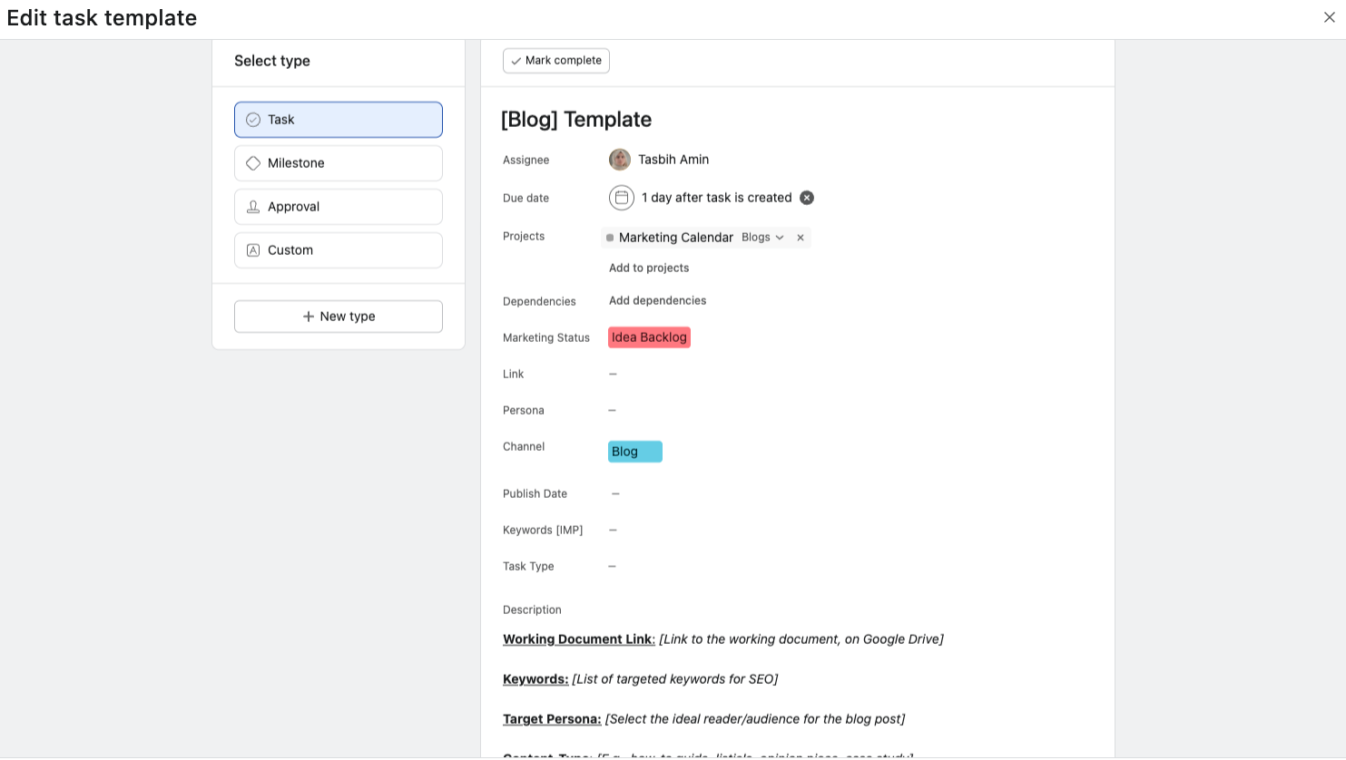 Blog post task template for Content Calendar in Asana