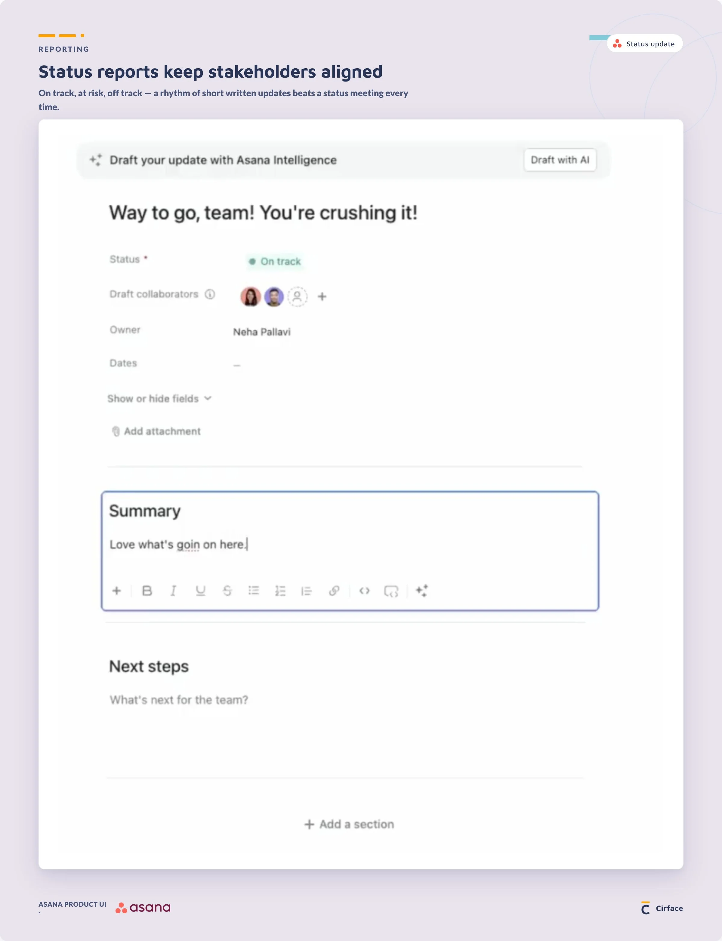 create status updates in Asana for project management
