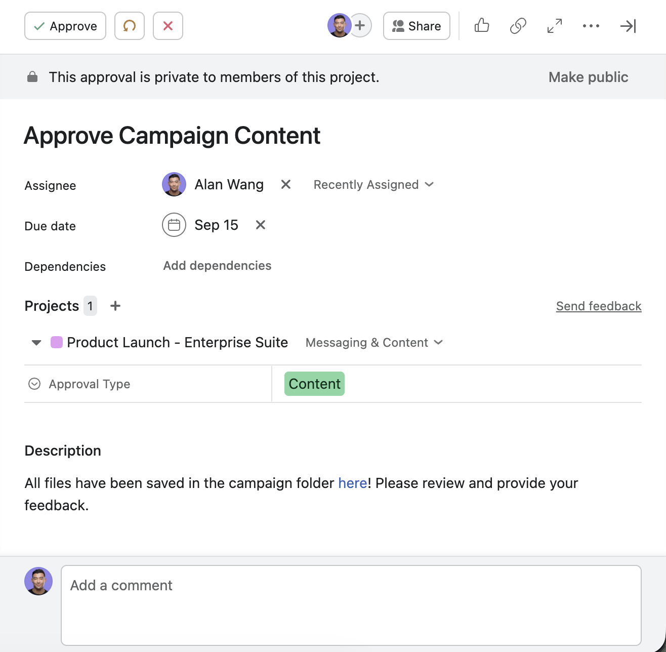 Approval task in Asana. What does the removal task in Asana look like?