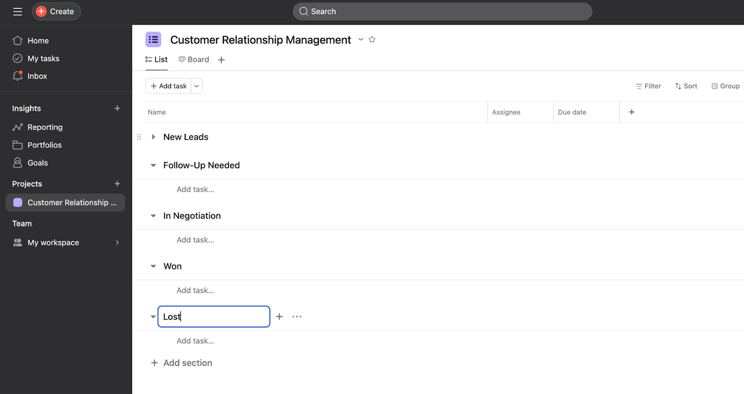Building a CRM in Asana