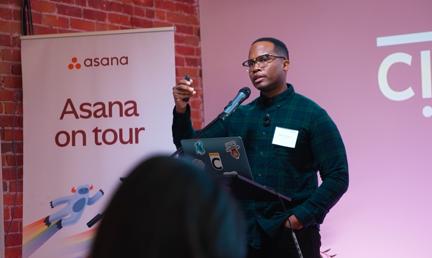 Asana partner Marquis Murray, the CEO of Cirface, delivering a keynote speech at Asana on tour in Toronto