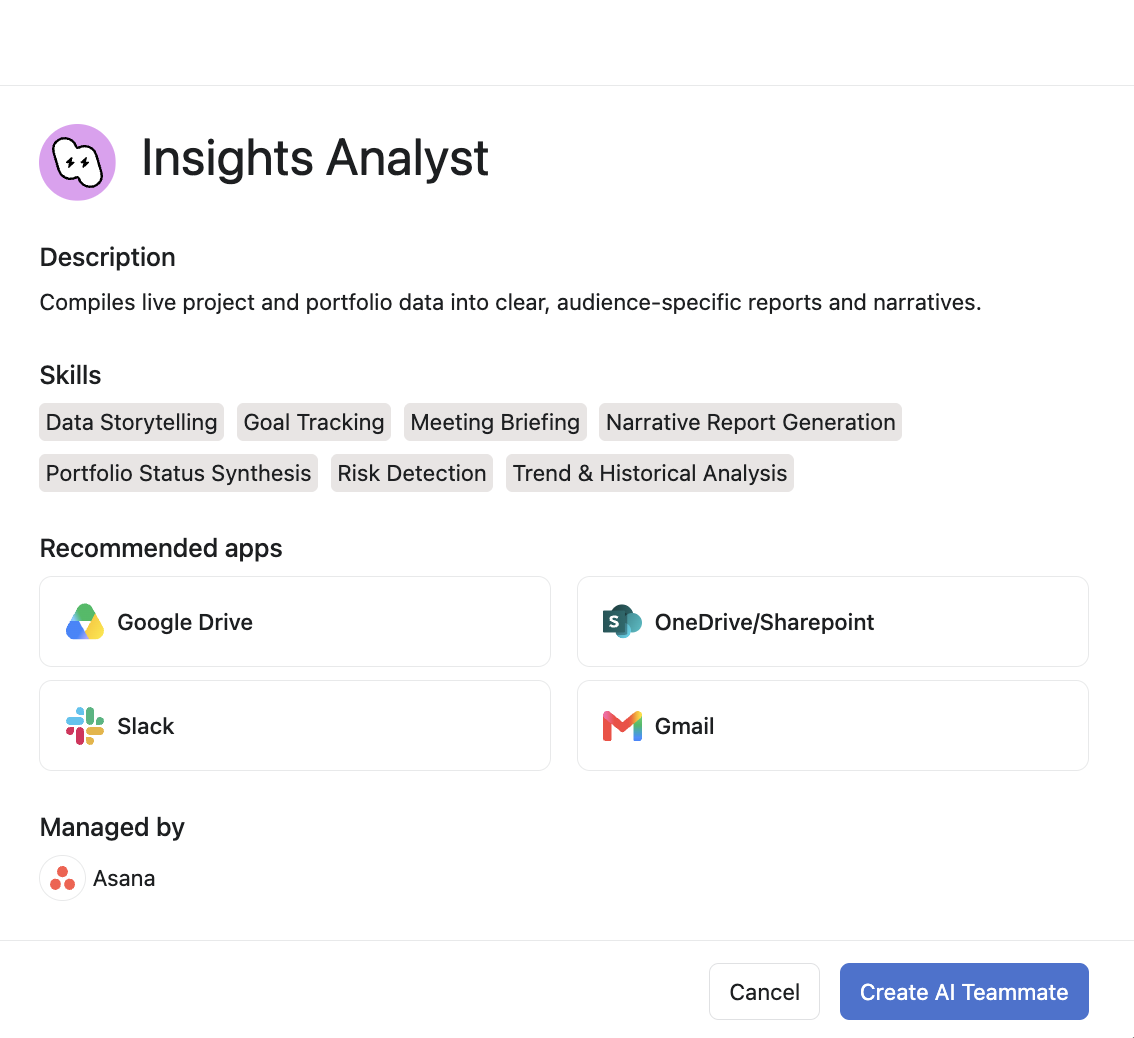 Insights Analyst card in the Asana AI Teammate gallery