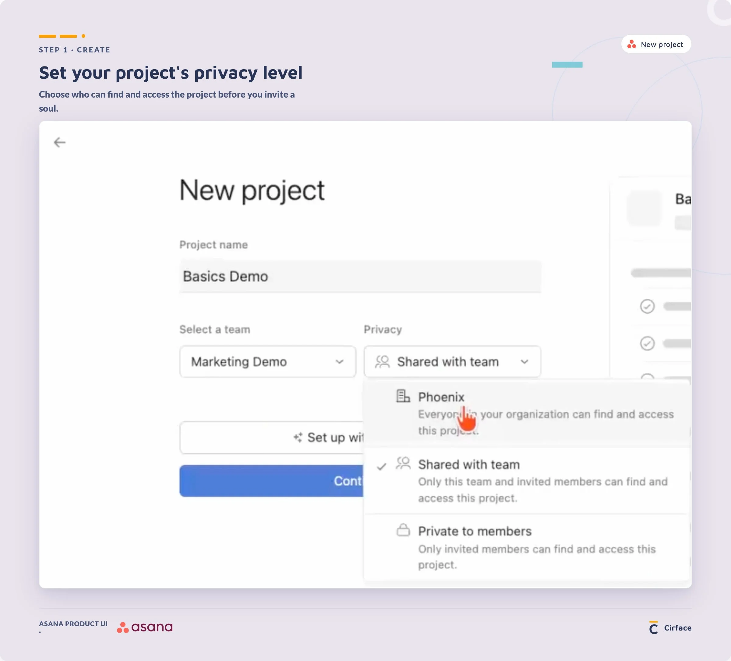 set a new asana project privacy before hitting continue