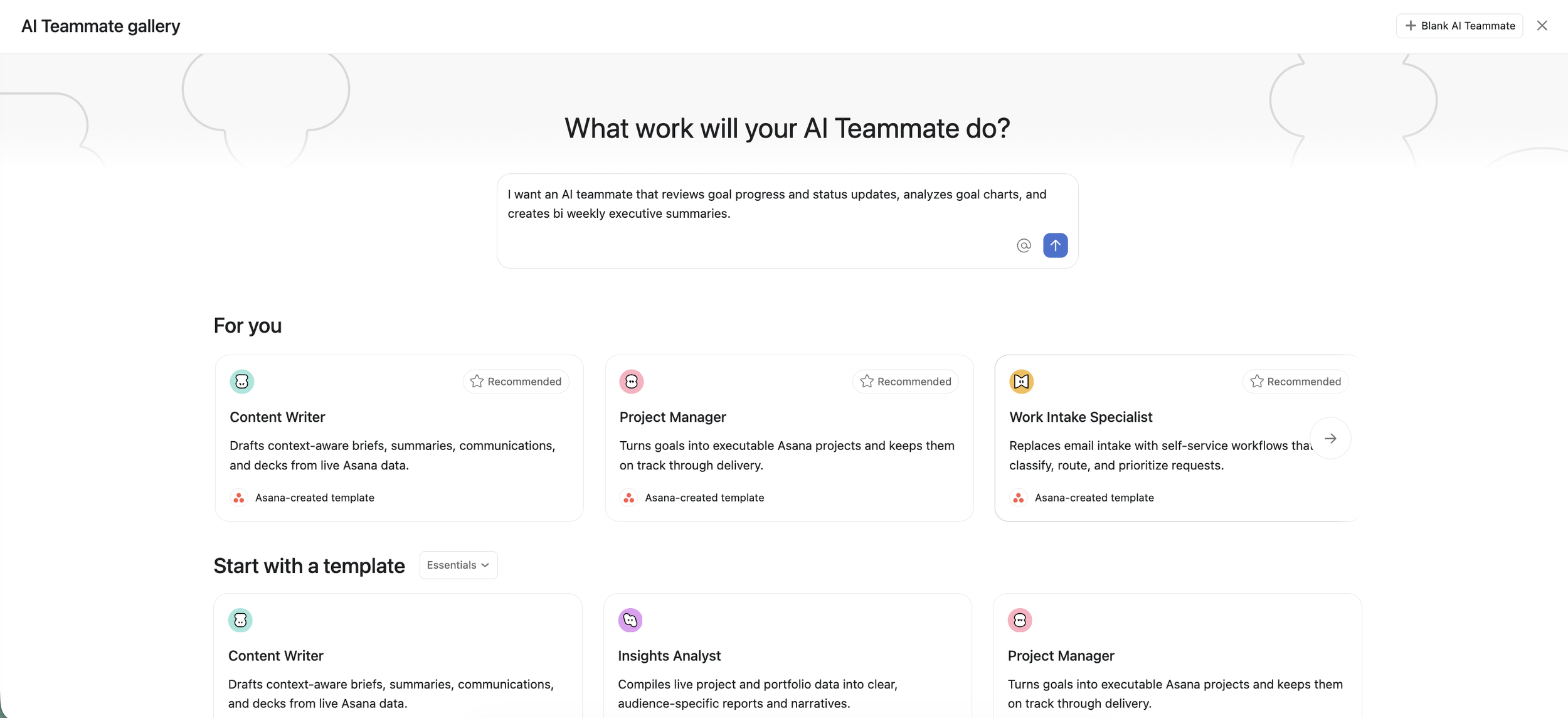 Asana AI Teammate gallery with a prompt describing a goal reporting teammate