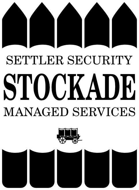 Sign for Settler Security Stockade Managed Services with black and white design and a small wagon icon.