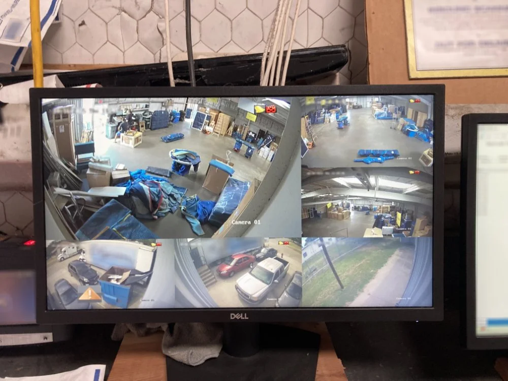A warehouse security camera display