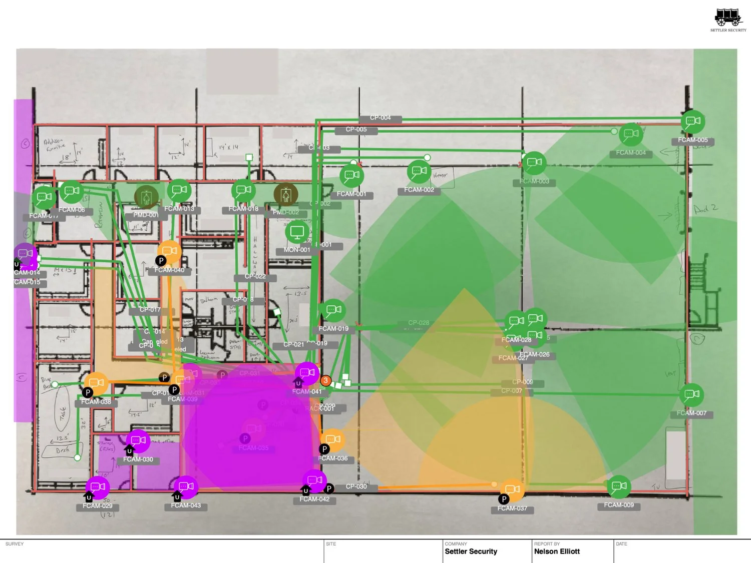 A warehouse floorplan with security systems