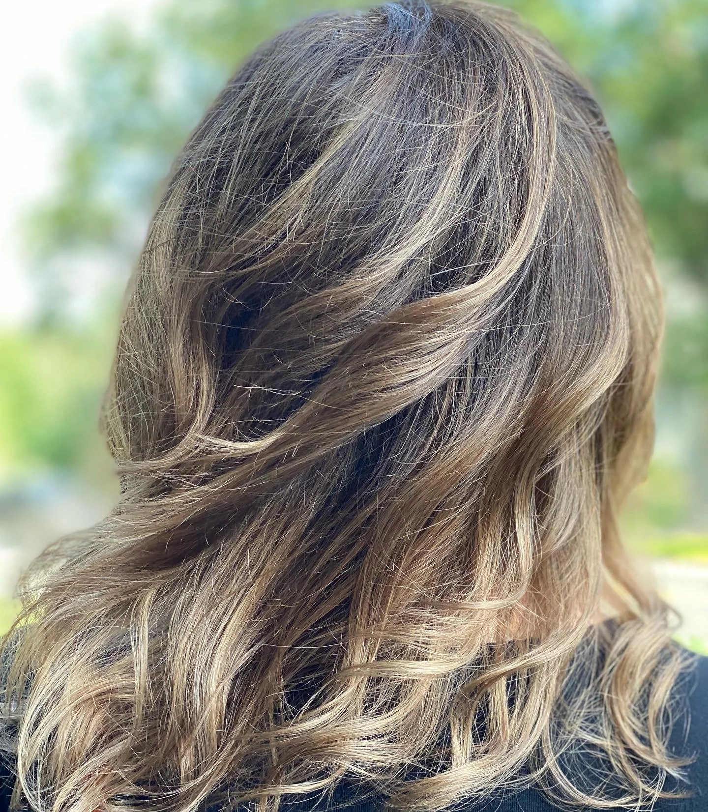 Back view of a person with layered brown hair with blonde highlights, outdoors.