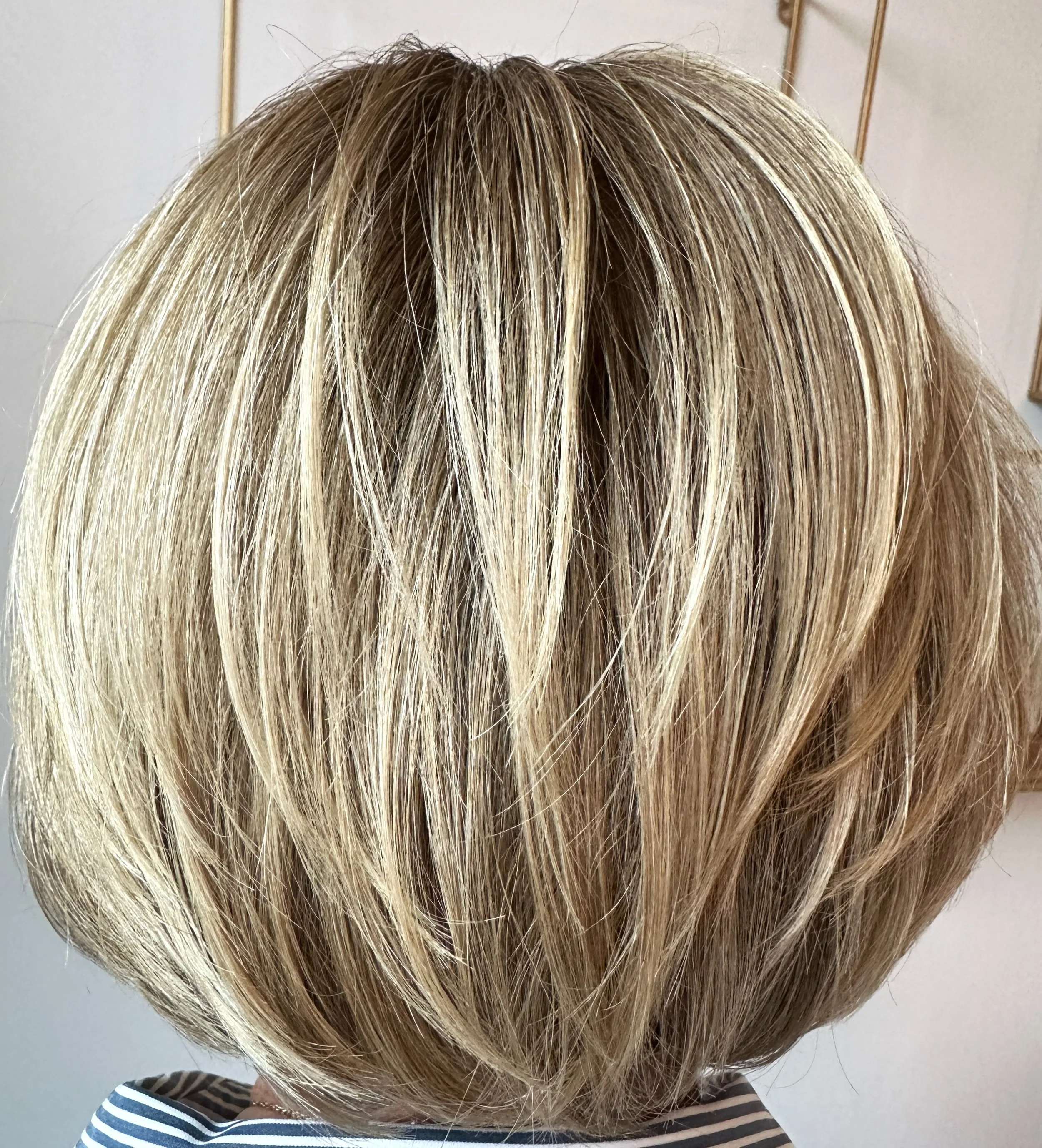 Gray coverage, grey coverage, blonde highlights, short layered bob
