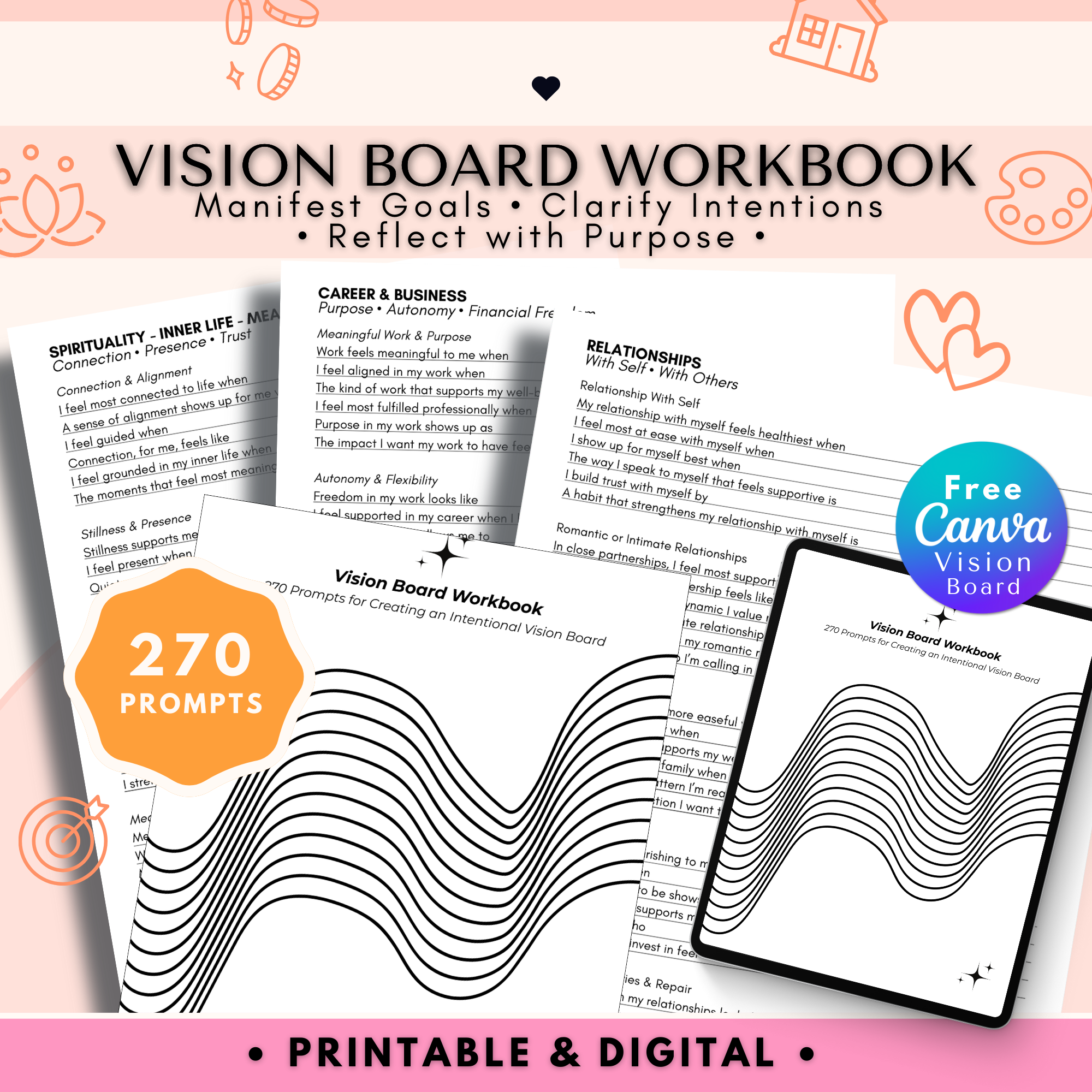 2026 Vision Board Workbook with 270 Wheel of Life Prompts