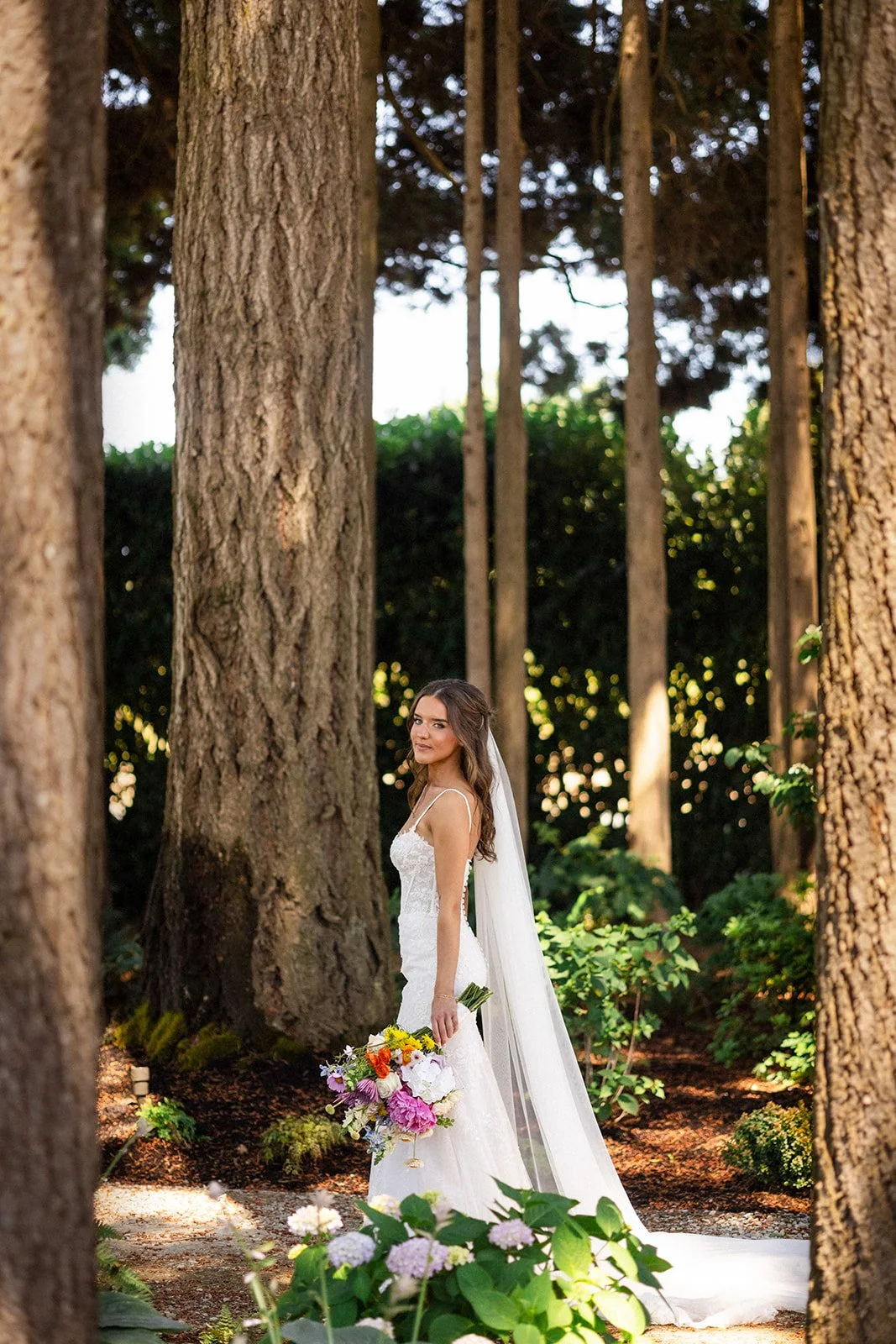 Bride in a wedding dress holding a bouquet of colorful flowers standing in a wooded outdoor setting with tall trees and greenery.