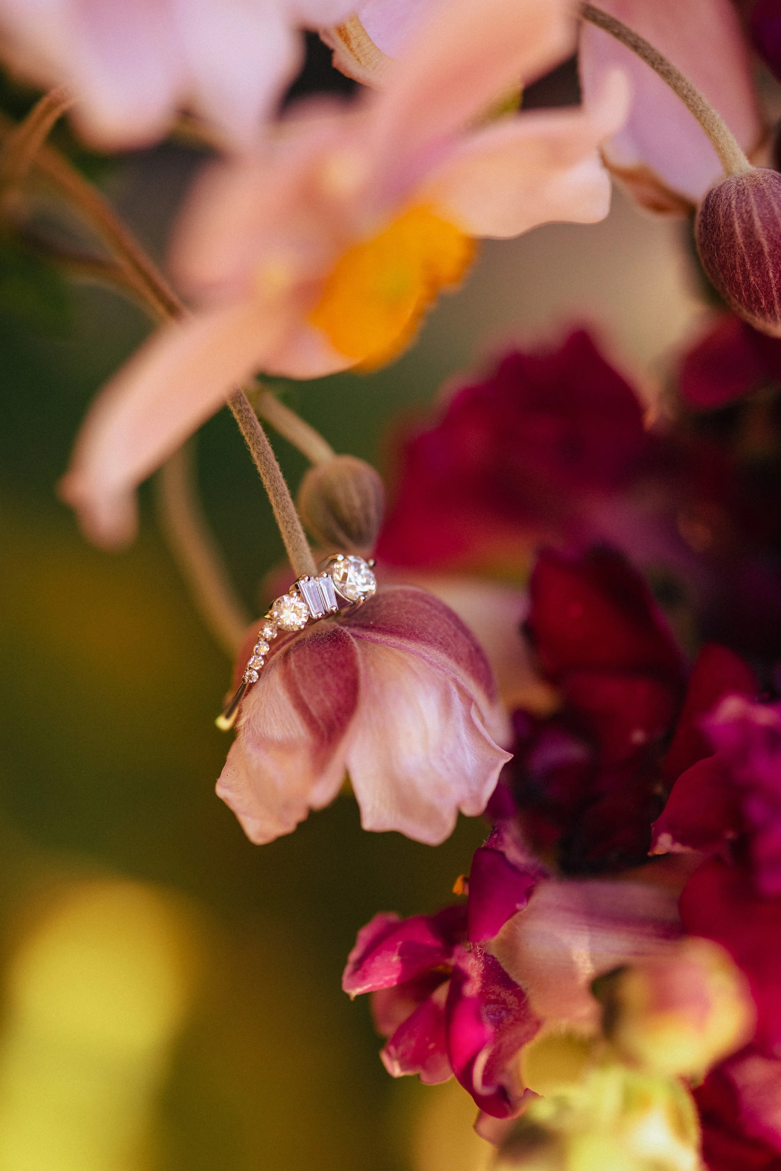 Close-up of a delicate flower with soft pink and purple petals, featuring a small diamond ring hanging from a stem.