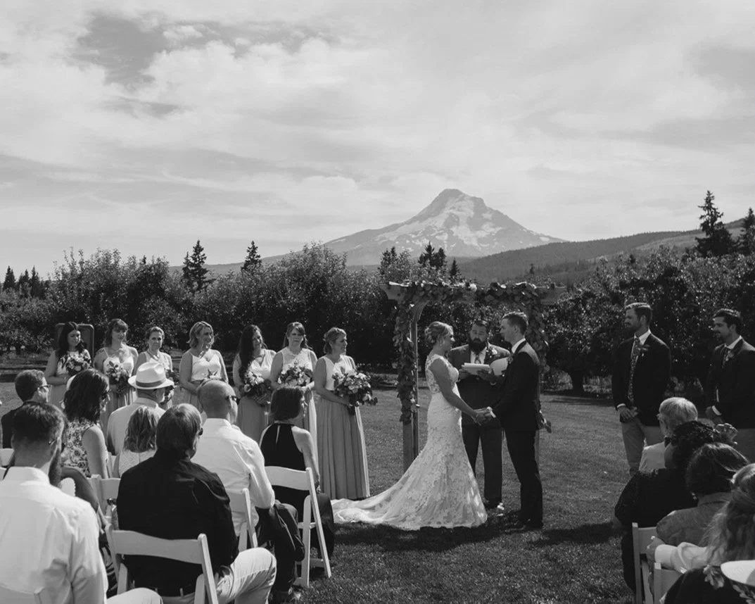 A black-and-white photo of an outdoor wedding ceremony with a mountain in the background. The bride and groom are holding hands in front of an officiant, surrounded by bridesmaids and groomsmen. Guests are seated and watching the ceremony.