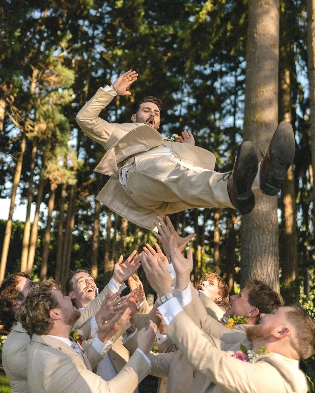 A man in a beige suit is being tossed into the air by a group of men dressed in beige suits, during an outdoor celebration in a forested area.