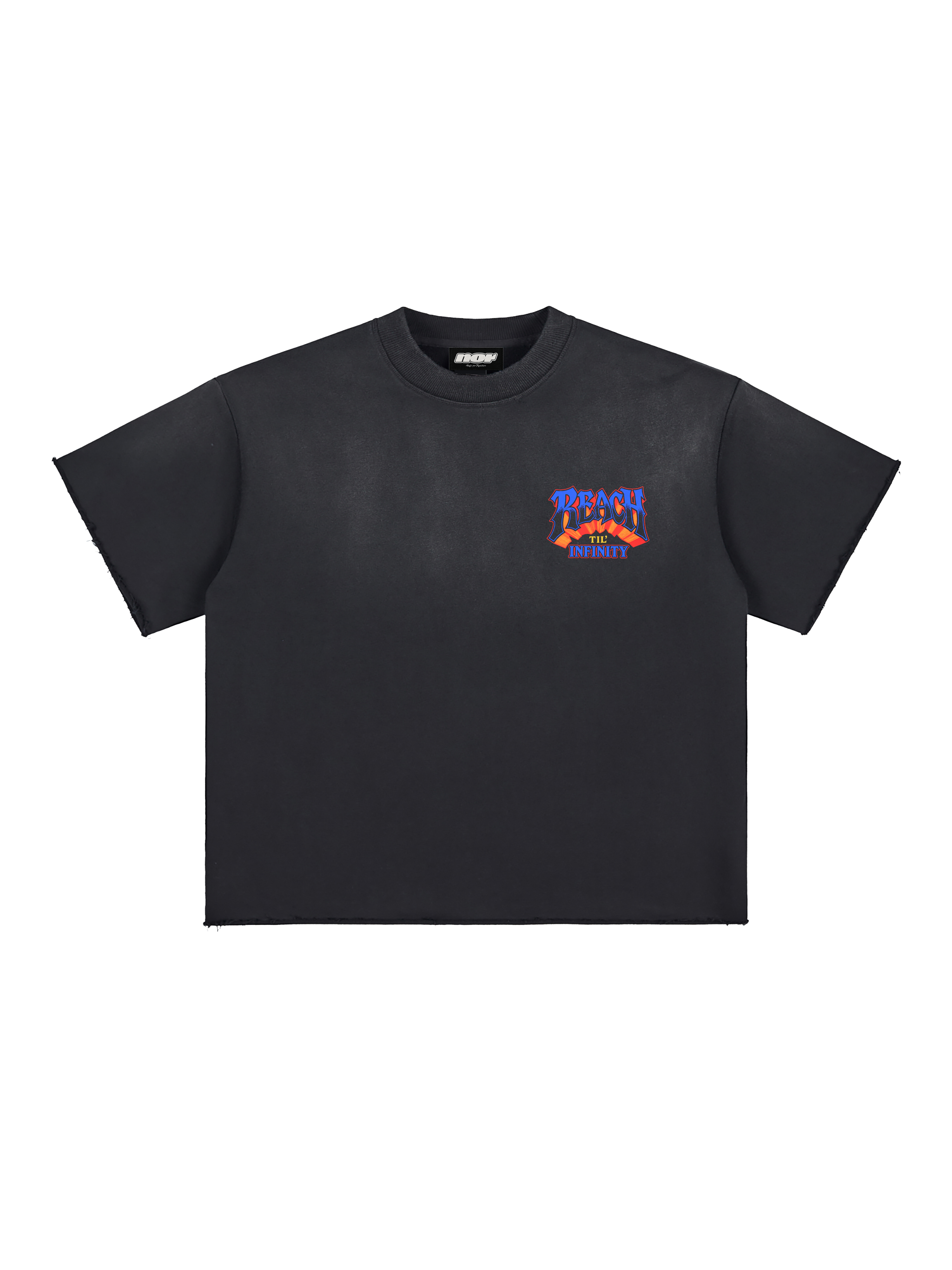 Front of the NOR Reach Til’ Infinity sun-faded black graphic T-shirt