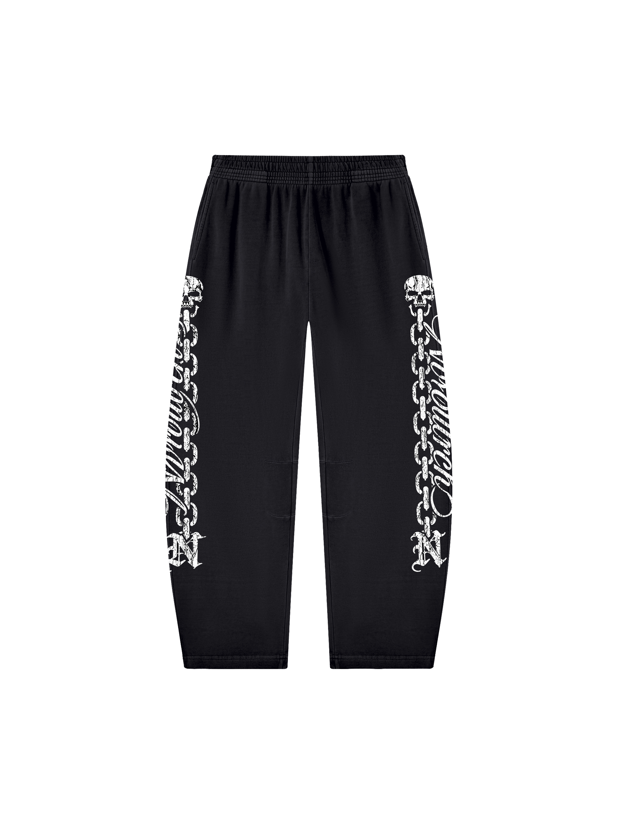 Black NVROUTRCH wide-leg sweatpants with skull-and-chain graphics